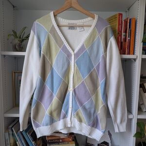 Vintage Women's Cardigan Pastel Argyle Button-Up Sweater Cotton XL Cottagecore